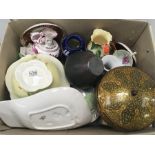 A box of chinaware including Royal Winton, Carlton Ware, Spode, Royal Doulton and Shelley.