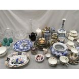 An assortment of cut glass and china. Includes residue of a Samural tea set and Royal Albert cups.