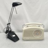 A modern anglepoise lamp with a Steepletone radio.