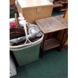 A wicker and bamboo side table with a Lloyd loom style storage box and other collectables.