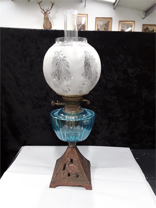 Etched glass oil lamp with funnel and shade