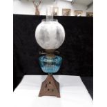 Etched glass oil lamp with funnel and shade