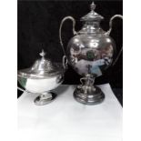 A silver plated Adams design soup tureen and silver plated hot water / tea urn resting on pedestal