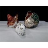 Royal Crown Derby paperweights, Bantam Hen, farm Cockerel, Snowy rabbit.