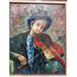 An oil on canvas early 19th century boy playing cello / violin signed Thompson