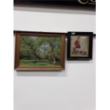 An oil on canvas of a country house and trees together with a framed tapestry.of a man