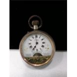 A Hepodamus pocket watch with visible dials in a metal outer case ,top winder