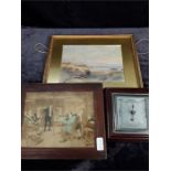 A framed and signed watercolour of a beach scene by Buller Goodwin together with a framed print