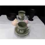 Wedgwood Jasper coloured china to include green cup and saucer, lidded pot, pink box and three other