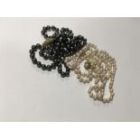 A long strand of cultured saltwater pearls with gold and pearl clasp together with a string of black