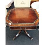 A mahogany and leather inlaid side wine table with single drawer.