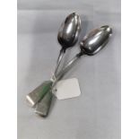 Two antique silver fiddle pattern table spoons