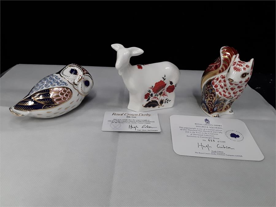 Crown Derby paperweights: Welbeck Squirrel, Goat and Owl.