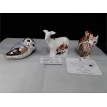 Crown Derby paperweights: Welbeck Squirrel, Goat and Owl.