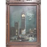 a late Victorian Oil on canvas of houses of parliament with mother of pearl watch inset for big ben