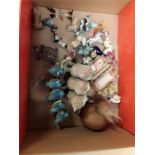 A box containing glass and China ornaments to include Wade Whimsies.