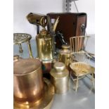 A quantity of brass ware to include paint stripper , trivet, weights, chair etc