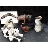 A quantity of ceramic items, water buffalo, egret, duck with a wooden dove, a cat puppet and a