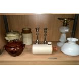 A selection of stoneware, a lamp and plated candlesticks.