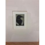 A pair of paintings on material depicting crows with one other, "Magpie", etching signed.