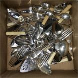 A box of cutlery, mixed silver plate and stainless steel.