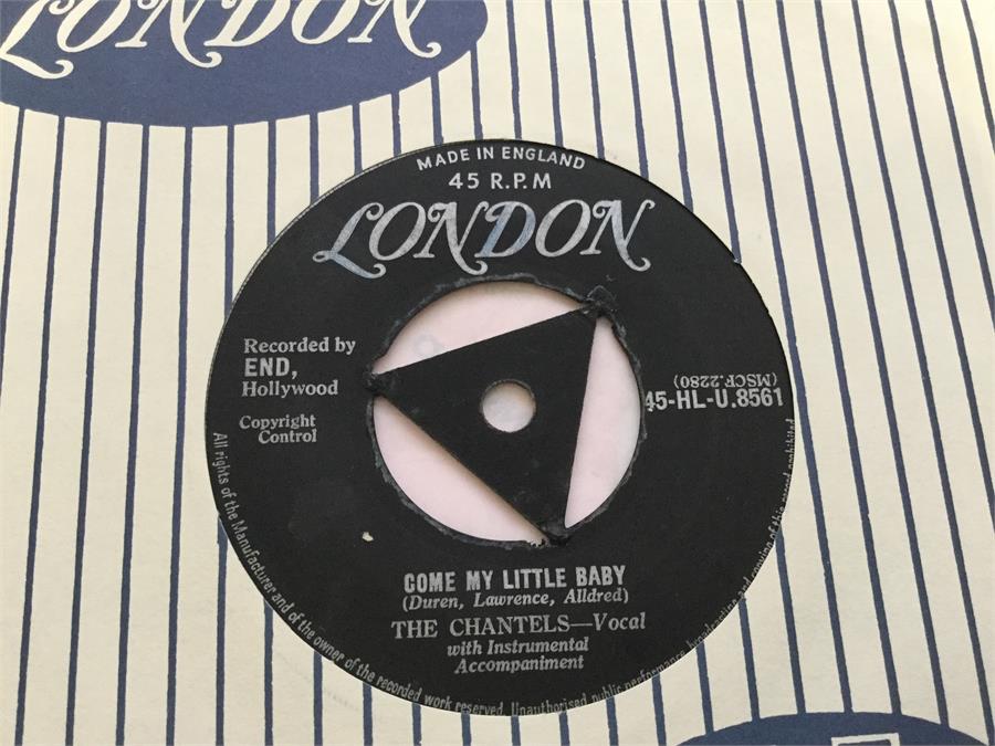 London 45rpm 7” Singles x 3. Included here we have the rare copy of The Chantel’s ‘Maybe’ on - Image 3 of 3