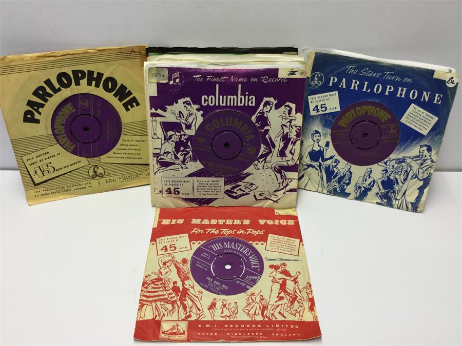 Parlophone / HMV / Columbia Gold & Silver 7” 45rpm Records. 27 records here to include artists