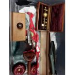 Mixed collectables. Metal Hydrometer in mahogany case, donut candlesticks, cutlery etc.