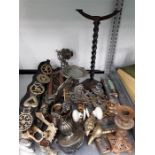 A large collection of brass and metal to include horse brasses.stand, sticks, etc.