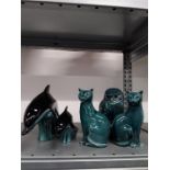 Five green Poole Pottery animals. including cat, owl, etc.