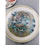 Seven small Poole Pottery cross stitch plates, Poole Pottery map of Poole Harbour, together with a