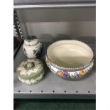 A Poole Pottery bowl together with a piece of green Wedgwood Jasperware and a piece of Masons