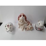 Royal Crown Derby paperweights: King Charles Spaniel (box) together with a bank vole and a poppy