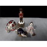 Crown Derby paperweights: Wren, no stopper, Stripey clown, Tortoise,ceramic stopper, Treasures of