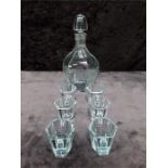 An Alexanderite glass decanter and six shot glasses, possible Zalensky Brod.