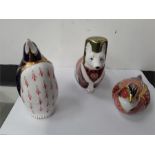 Crown Derby paperweights: Corgi /no stopper 1991, Penguin /no stopper, Imari pheasant, No stopper.