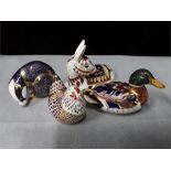 Crown Derby paperweights: Bantam gold stopper, badger silver stopper, donkey with a Mallard silver