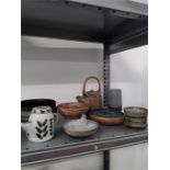 Eight pieces of studio pottery including Japanese teapot, dishes etc. by local artist C Lock.