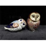 Royal Crown Derby paperweights: Barn owl 1995 (box) together with owl 1981.