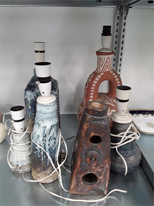 Six pieces of Studio pottery lamp bases, Freeform, runny glaze, etc. by local artist C Lock.