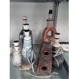 Six pieces of Studio pottery lamp bases, Freeform, runny glaze, etc. by local artist C Lock.