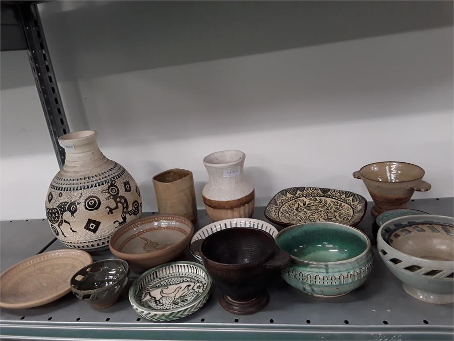 Fifteen pieces of high fired studio pottery by local artist C Lock.