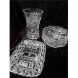 Cut glass vase 8 1/2 x 5 1/2, cut glass bowl 8 1/4 x 3 1/2 together with Royal Jubilee 1887 glass