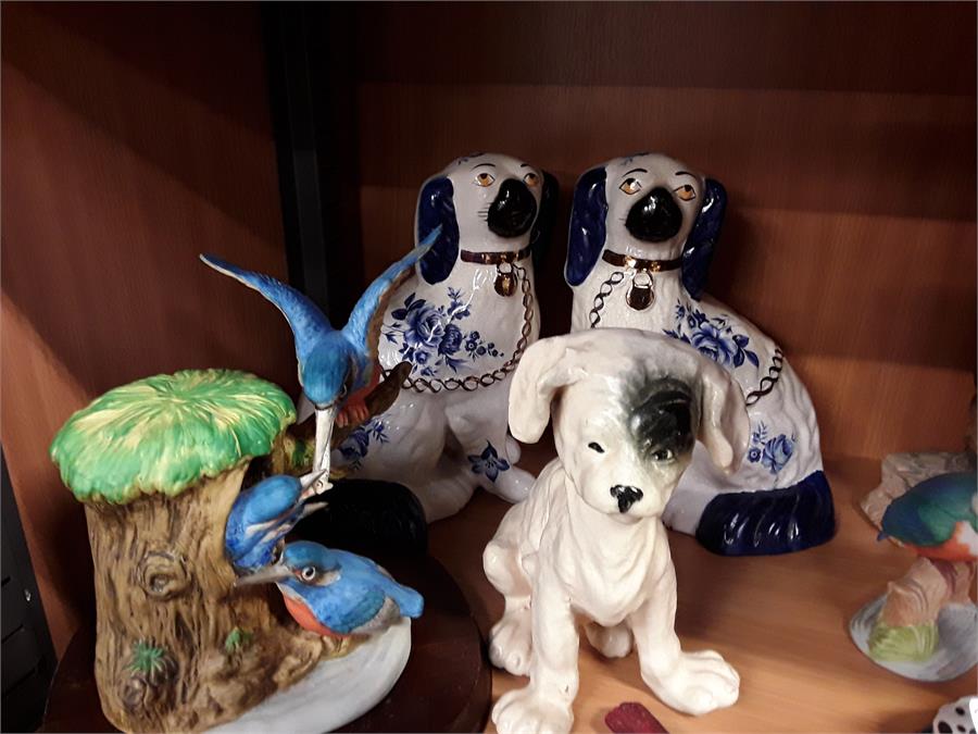 Various animal ornaments to include Staffordshire dogs.