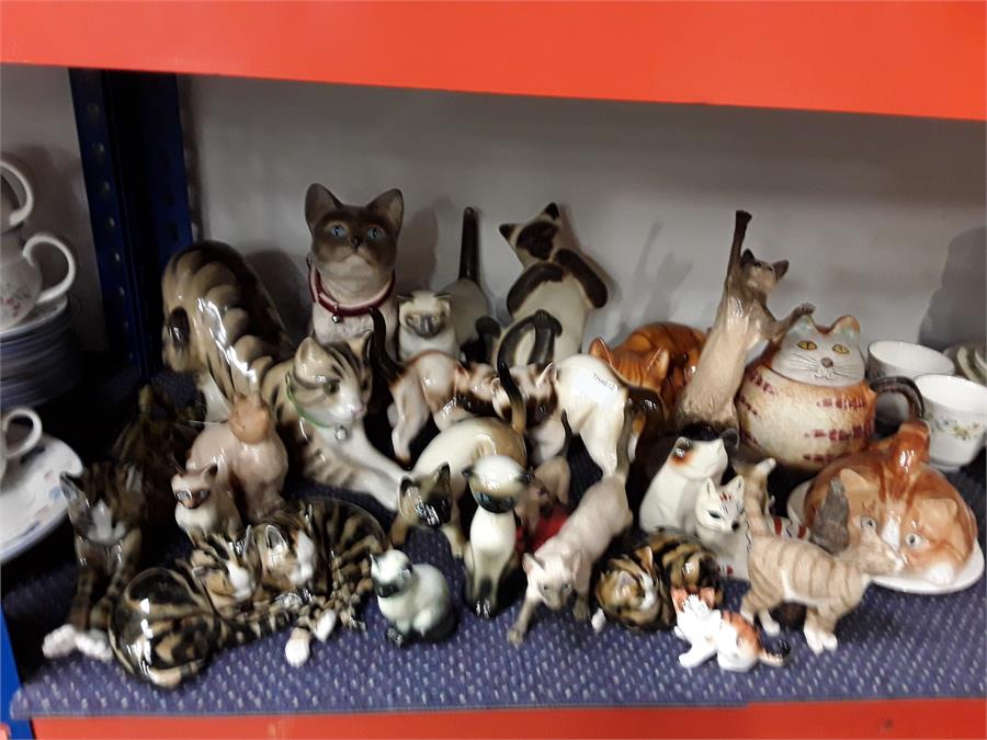 A collection of china cat ornaments.