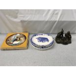 A Royal Doulton character plate with a boxed tea set and other ornaments.