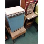 Two wicker pieces of furniture together with a Lloyd loom style box and a knitting bag.