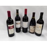 Five bottles of red wine including Crow's Fountain,Ernest and Julio Gallo Alta Mira Shiraz.