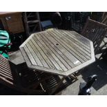 An octagonal garden table with two chairs.