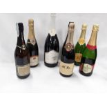 Seven bottles of fizz including Bucks Fizz, Derose champagne, Royer Pere etc Fils champagne.